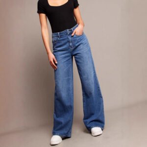 Wide Leg Jeans for Women - High Waist Retro Washed Denim, Distressed Detail