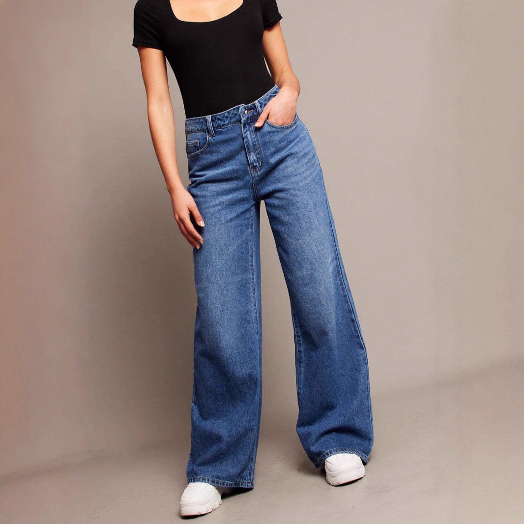 Wide Leg Jeans for Women - High Waist Retro Washed Denim, Distressed Detail