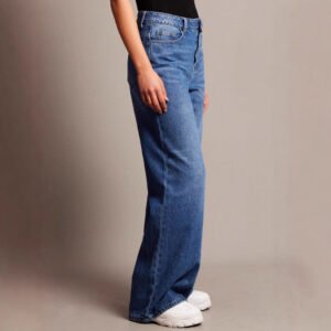 Alternative view of Wide Leg Jeans for Women - High Waist Retro Washed Denim, Distressed Detail