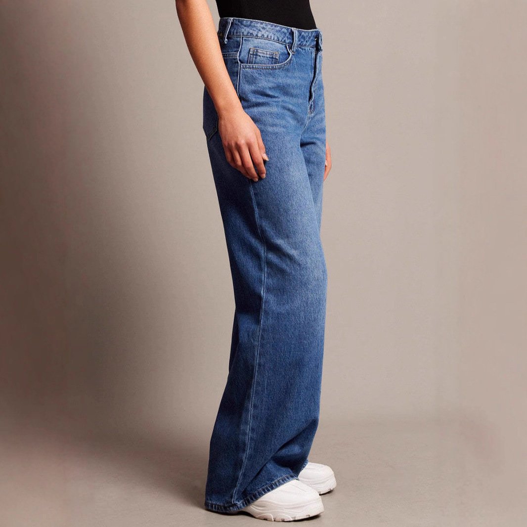Wide Leg Jeans for Women - High Waist Retro Washed Denim, Distressed Detail - Image 2