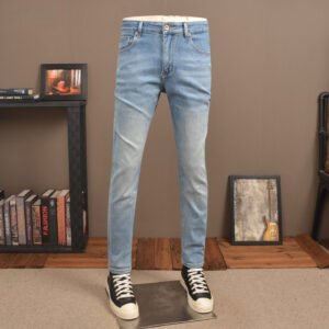 Men's Light Blue Slim Straight Denim Jeans - Retro Washed, Tapered Cuff