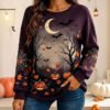Women's Halloween Print Crew Neck Top - 3D Pattern Relaxed Pullover