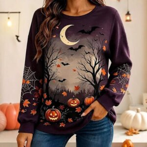 Women's Halloween Print Crew Neck Top - 3D Pattern Relaxed Pullover