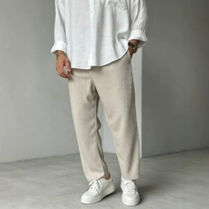Men's Relaxed Fit Straight-Leg Casual Pants – Striped, Drawstring Waist