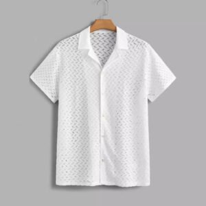 Alternative view of Men's Jacquard Short Sleeve Shirt – Semi-Sheer Lapel, Slim Fit, White