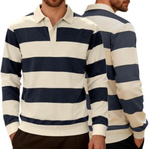 Alternative view of Men's Long Sleeve Striped Color-Block Knit Polo Shirt