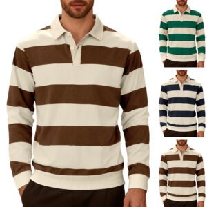 Men's Long Sleeve Striped Color-Block Knit Polo Shirt