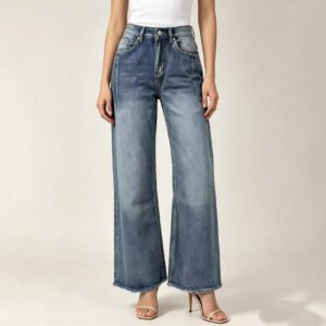 High Waisted Washed Straight Leg Jeans – Slimming Fit Cotton Denim