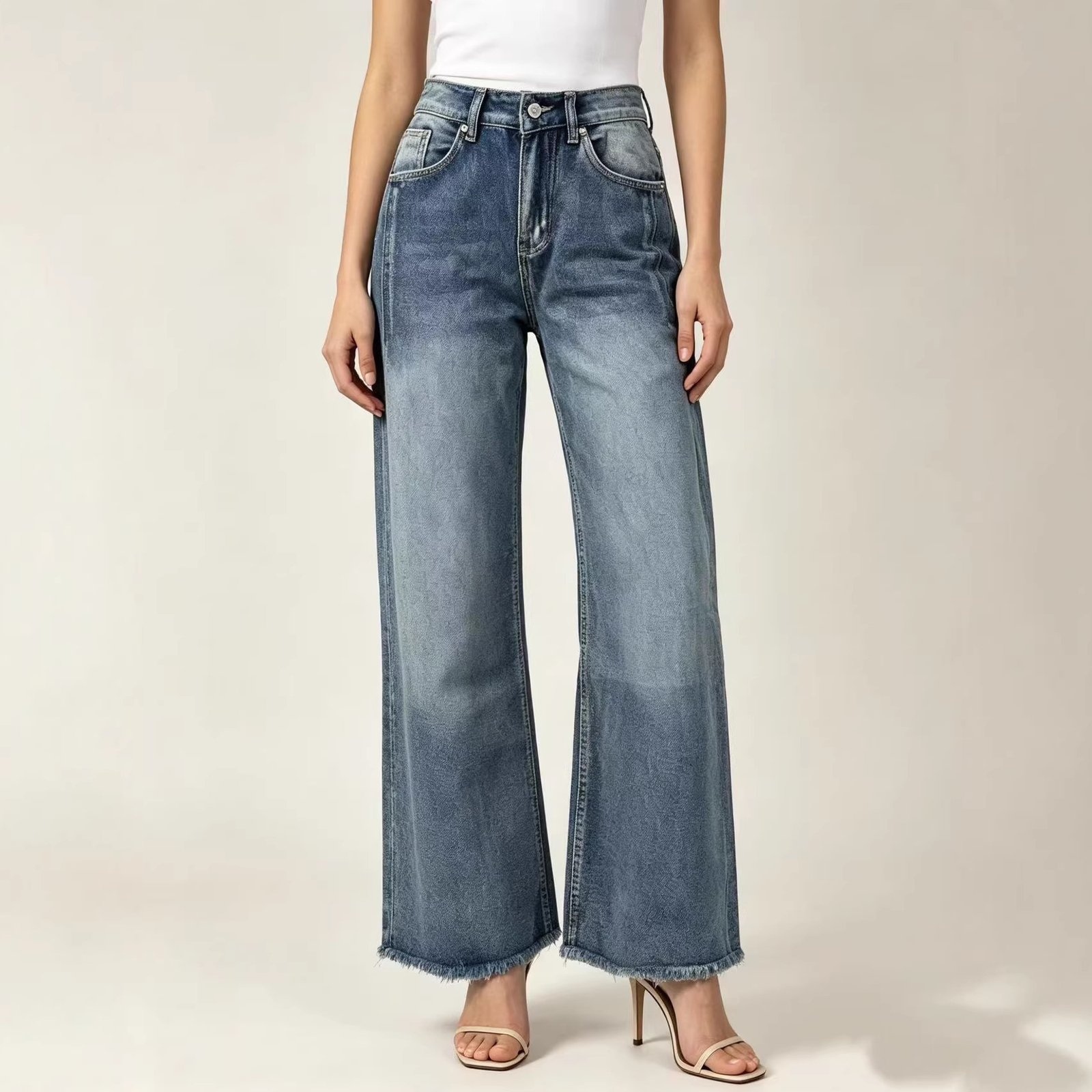 High Waisted Washed Straight Leg Jeans – Slimming Fit Cotton Denim