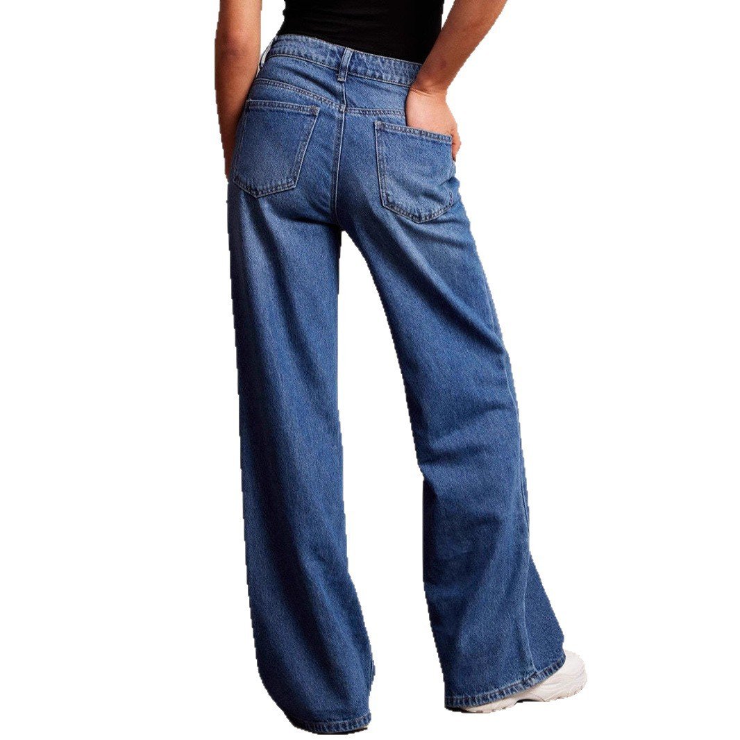 Wide Leg Jeans for Women - High Waist Retro Washed Denim, Distressed Detail - Image 3