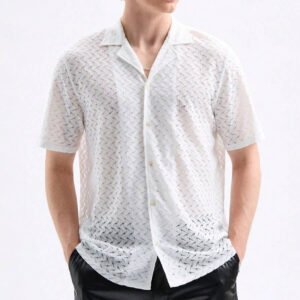 Men's Jacquard Short Sleeve Shirt – Semi-Sheer Lapel, Slim Fit, White