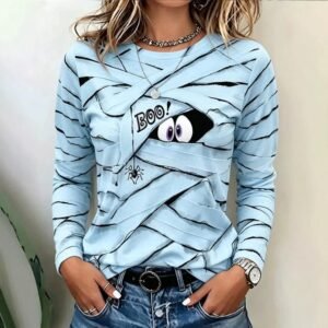 Women's 3D Print Long Sleeve Top – Casual Crewneck Pullover